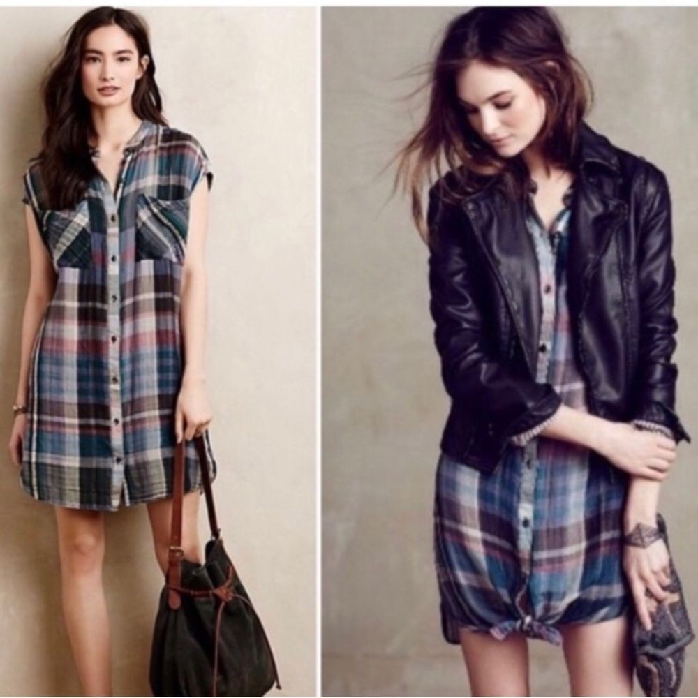 Anthropologie Holding Horses Plaid Shirt Dress Tunic Button Down cotton small